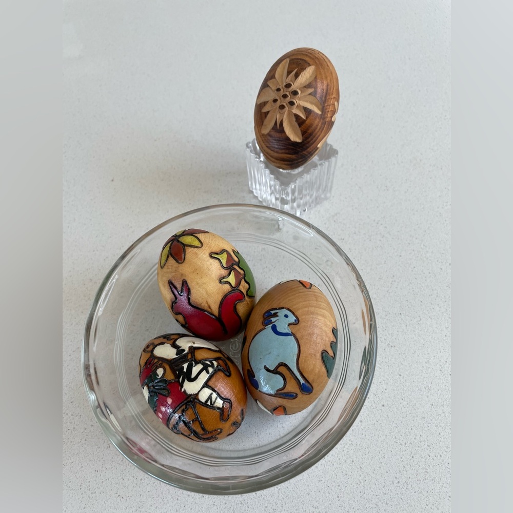 Three Vintage Handcrafted Wooden Decorative Eggs